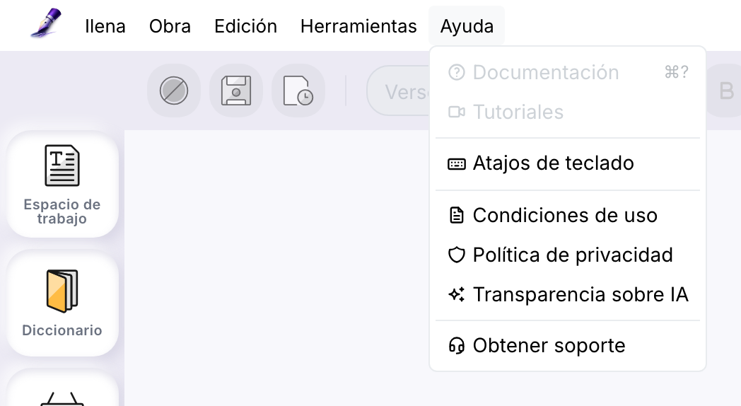 El menú Ayuda del editor abierto: Documentación y Tutoriales en gris, Atajos de teclado, luego Condiciones de uso, Política de privacidad y Transparencia sobre IA, y Obtener soporte.