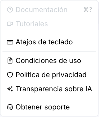 El menú Ayuda, listando Atajos de teclado, luego Condiciones de uso, Política de privacidad y Transparencia sobre IA, luego Obtener soporte