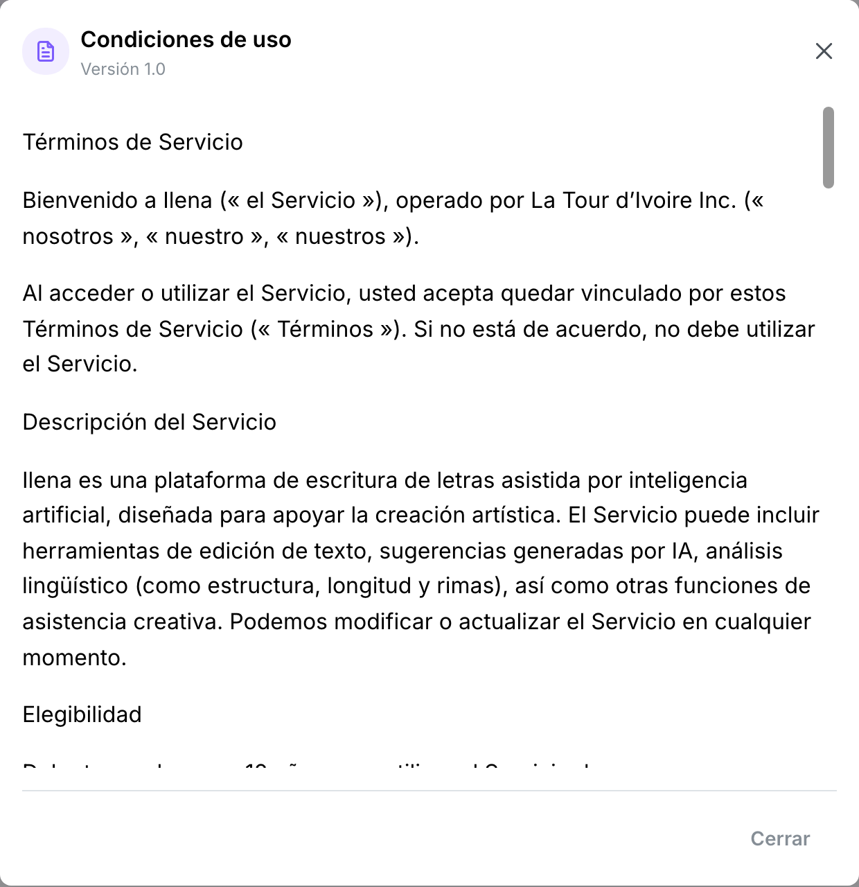 La ventana de Condiciones de uso, mostrando el texto del documento bajo una etiqueta Versión 1.0