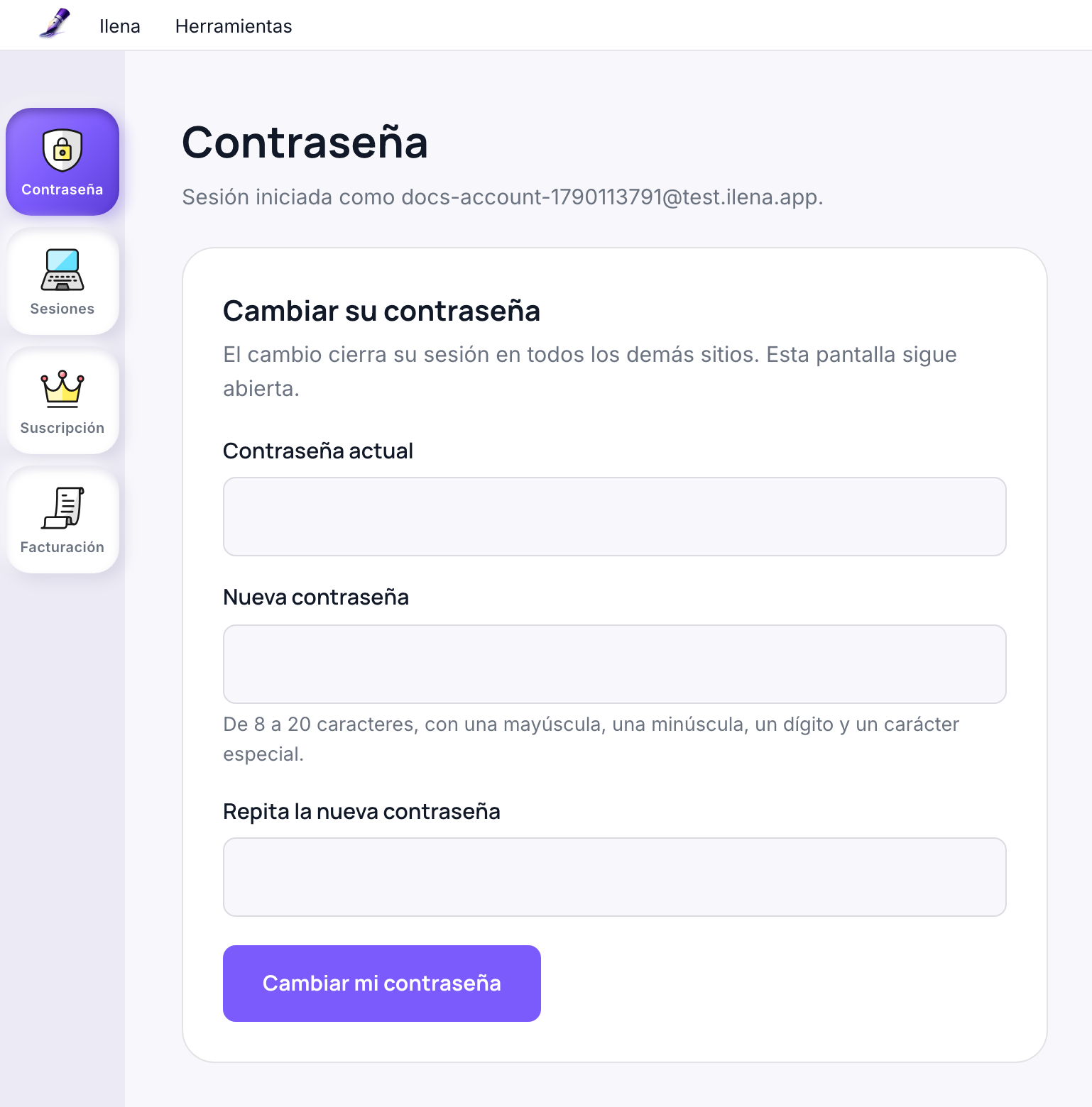 La página de la cuenta en su sección Contraseña, con las secciones Contraseña, Sesiones, Suscripción y Facturación a la izquierda y los menús Ilena y Herramientas arriba.