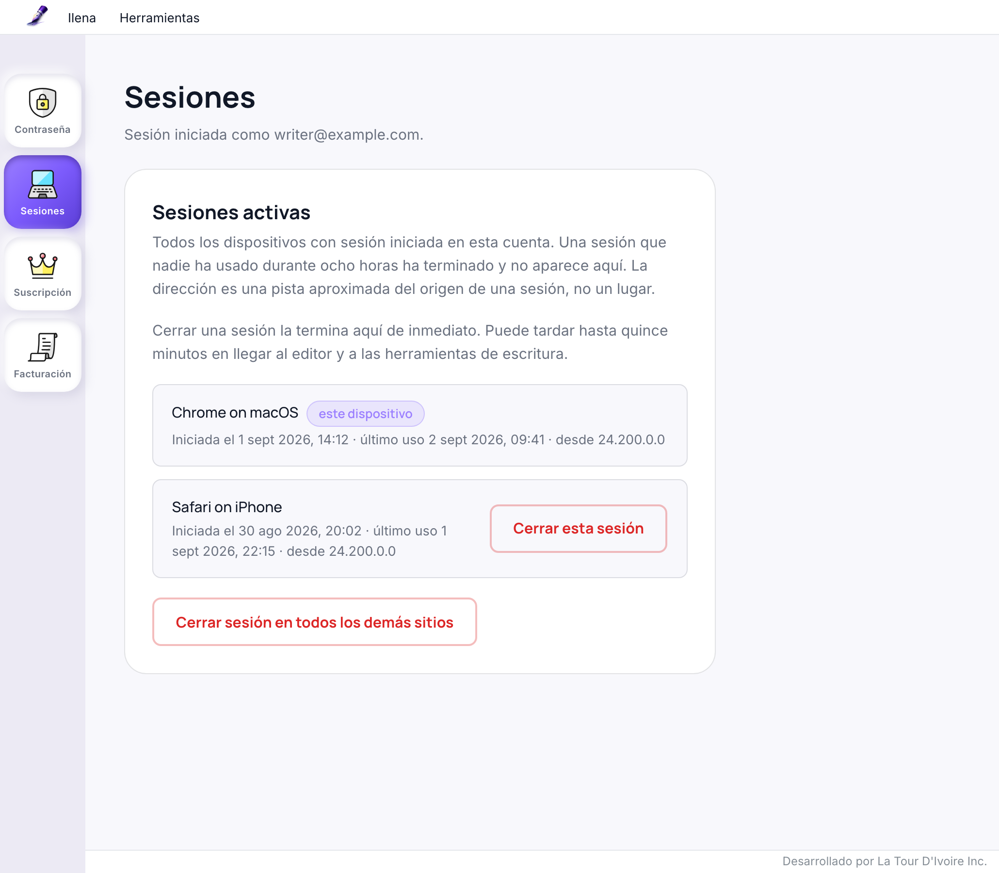 La sección Sesiones de la página de cuenta, con cada sesión conectada mostrando su dispositivo, cuándo empezó, cuándo se usó por última vez y una dirección aproximada, la sesión actual marcada y un botón Cerrar esta sesión en las demás