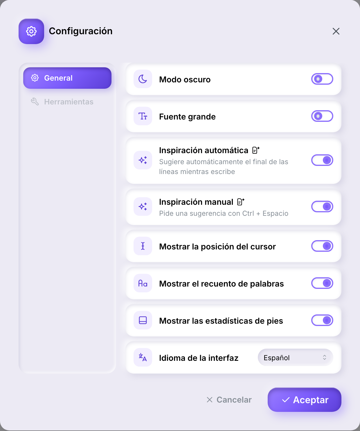 La pestaña General del cuadro de diálogo Configuración, mostrando el modo oscuro, la fuente grande, la inspiración automática y manual con una insignia de contenido generado, los tres interruptores de la barra de estado, y el selector de idioma de la interfaz