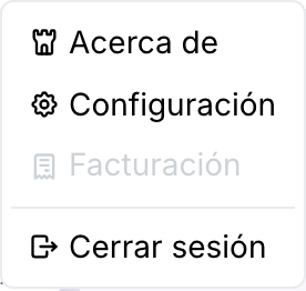 El menú Ilena, con Acerca de, Configuración y Cerrar sesión habilitados, y Facturación mostrado en gris y deshabilitado