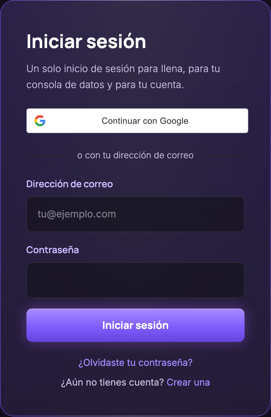 La página Iniciar sesión: Continuar con Google, luego los campos de la dirección de correo y de la contraseña, y el botón Iniciar sesión.