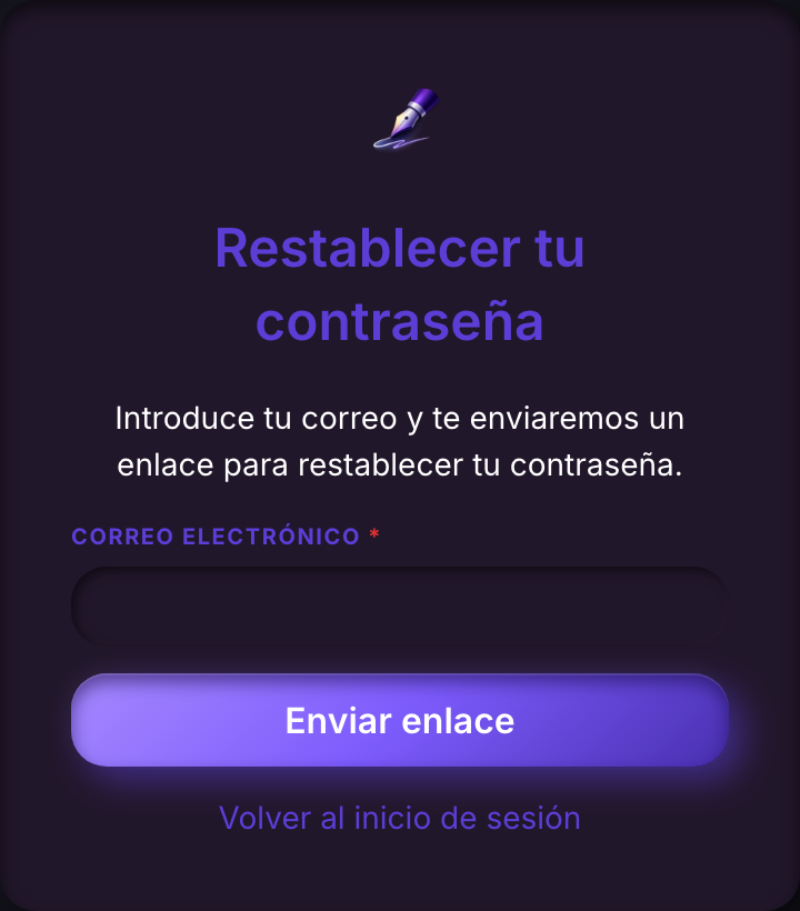 La página de restablecimiento de contraseña, pidiendo un correo electrónico y ofreciendo enviar un enlace de restablecimiento