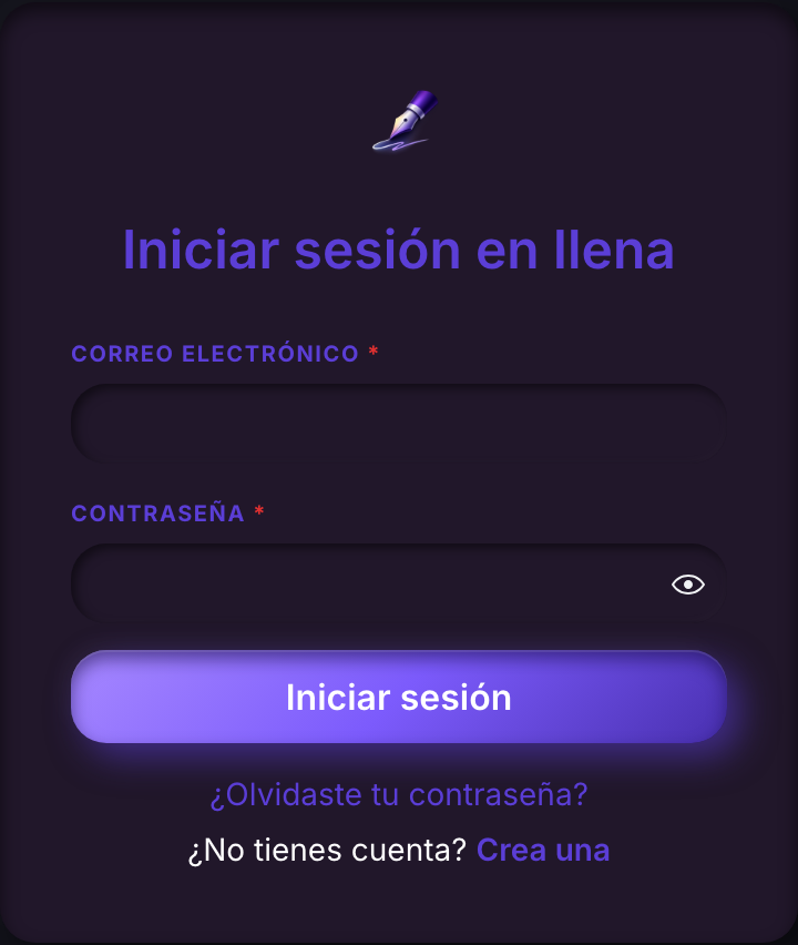 La página de inicio de sesión, con campos de correo y contraseña, un botón para iniciar sesión, un enlace de contraseña olvidada y un enlace para crear una cuenta