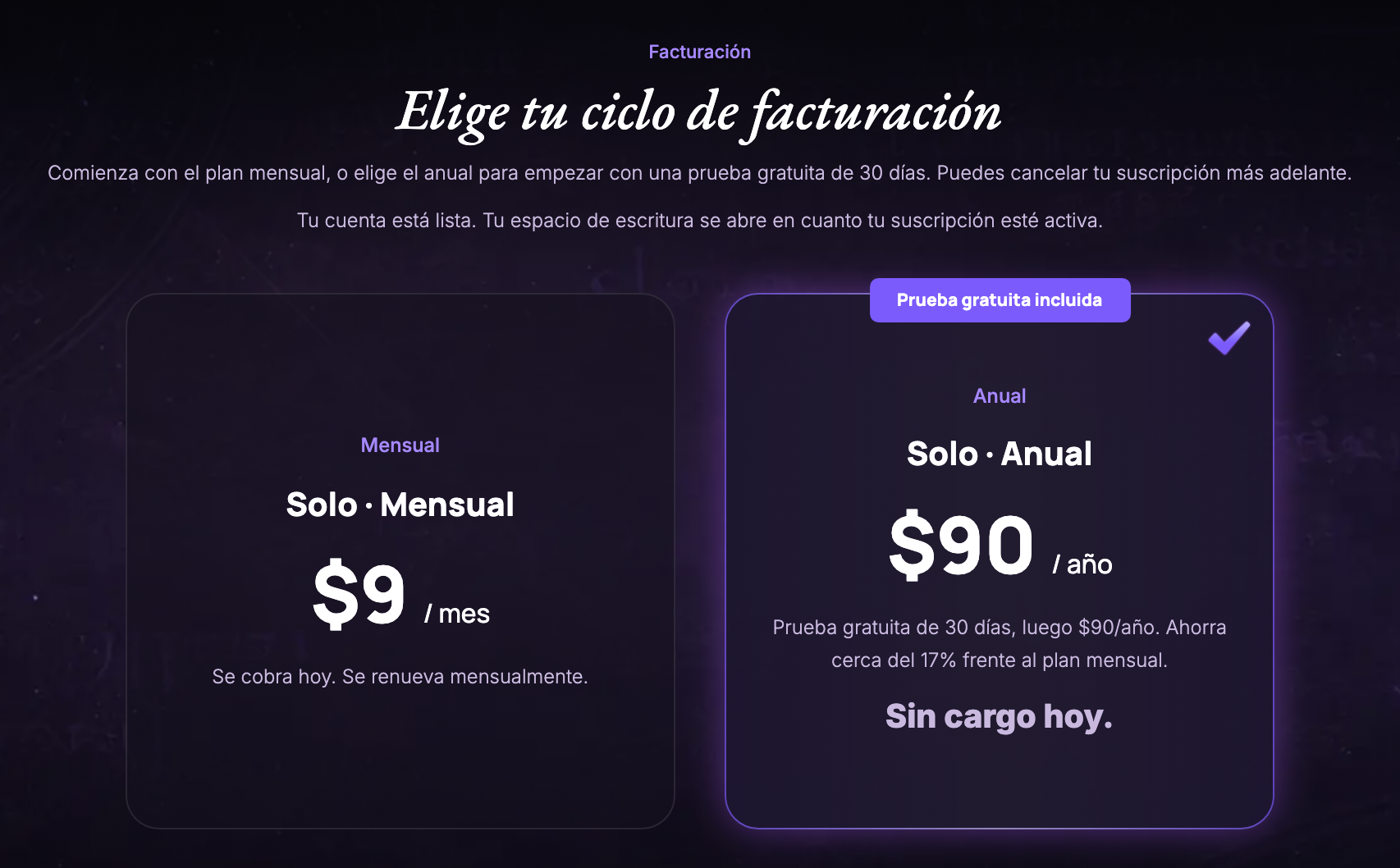 La pantalla del ciclo de facturación a la que se llega al iniciar sesión sin suscripción, mostrando Tu cuenta está lista sobre los planes Mensual y Anual, sin barra de progreso