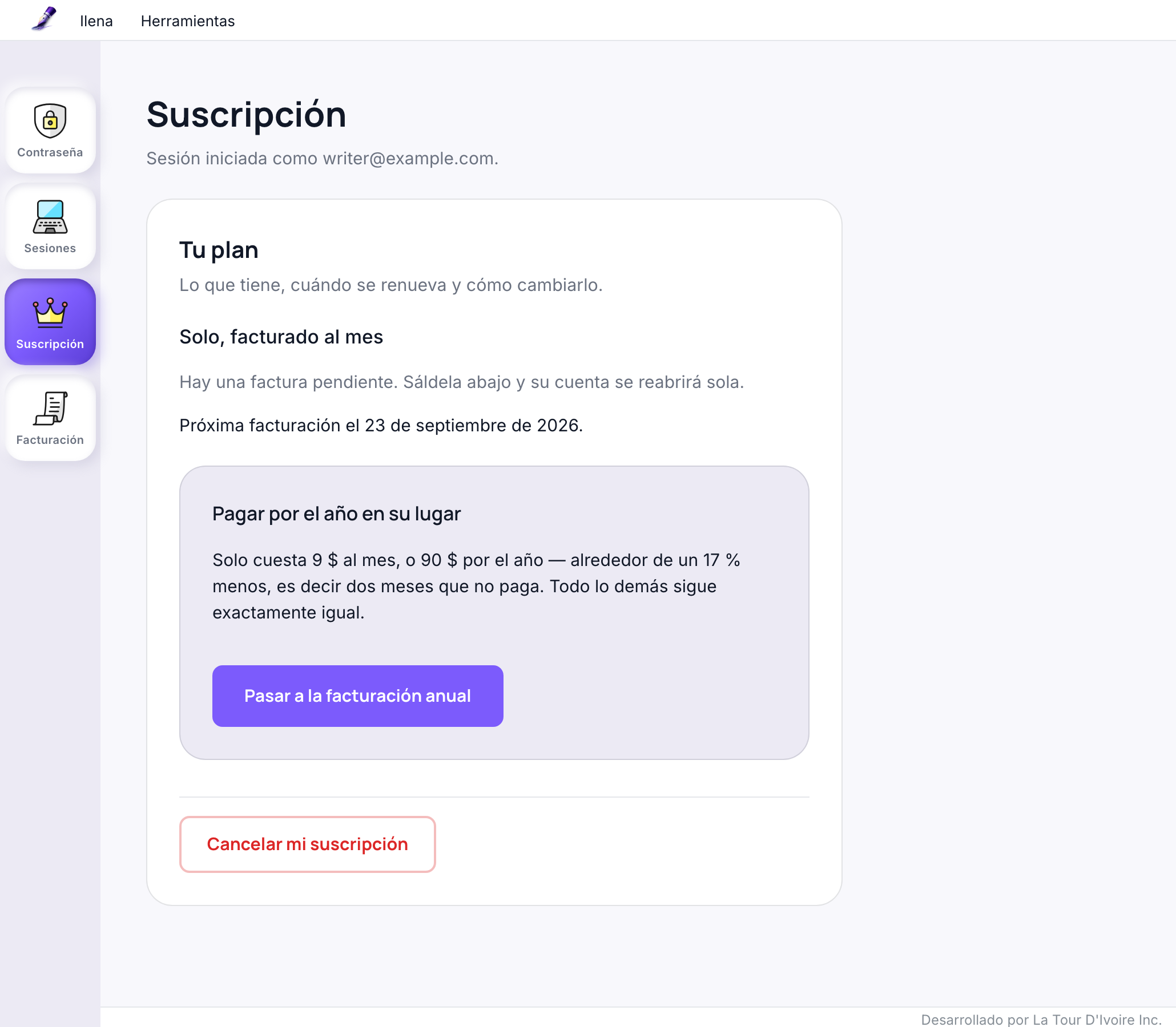 La sección Suscripción de la página de cuenta, mostrando Solo facturado al mes, la próxima fecha de facturación, una tarjeta Pagar por el año en su lugar con un botón Pasar a la facturación anual, y un botón Cancelar mi suscripción
