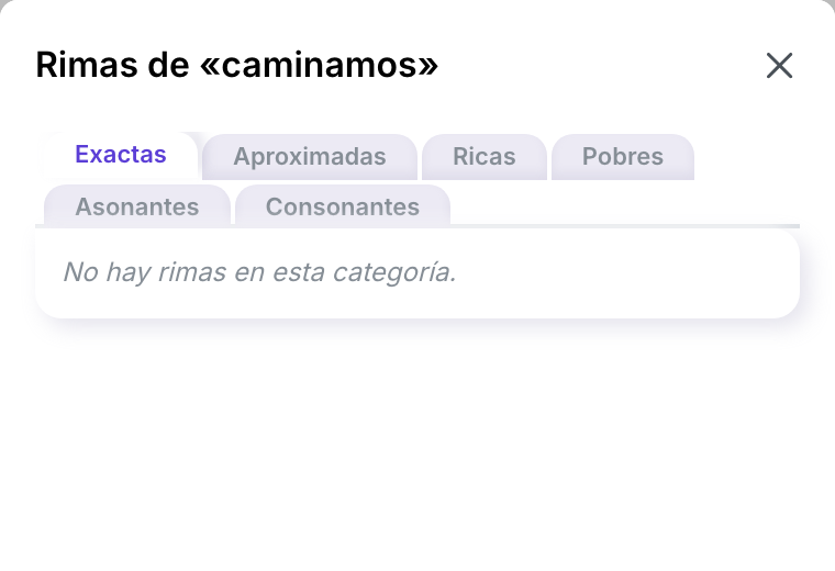 El panel Rimas de la palabra, mostrando las pestañas Exactas, Aproximadas, Ricas, Pobres, Asonantes y Consonantes