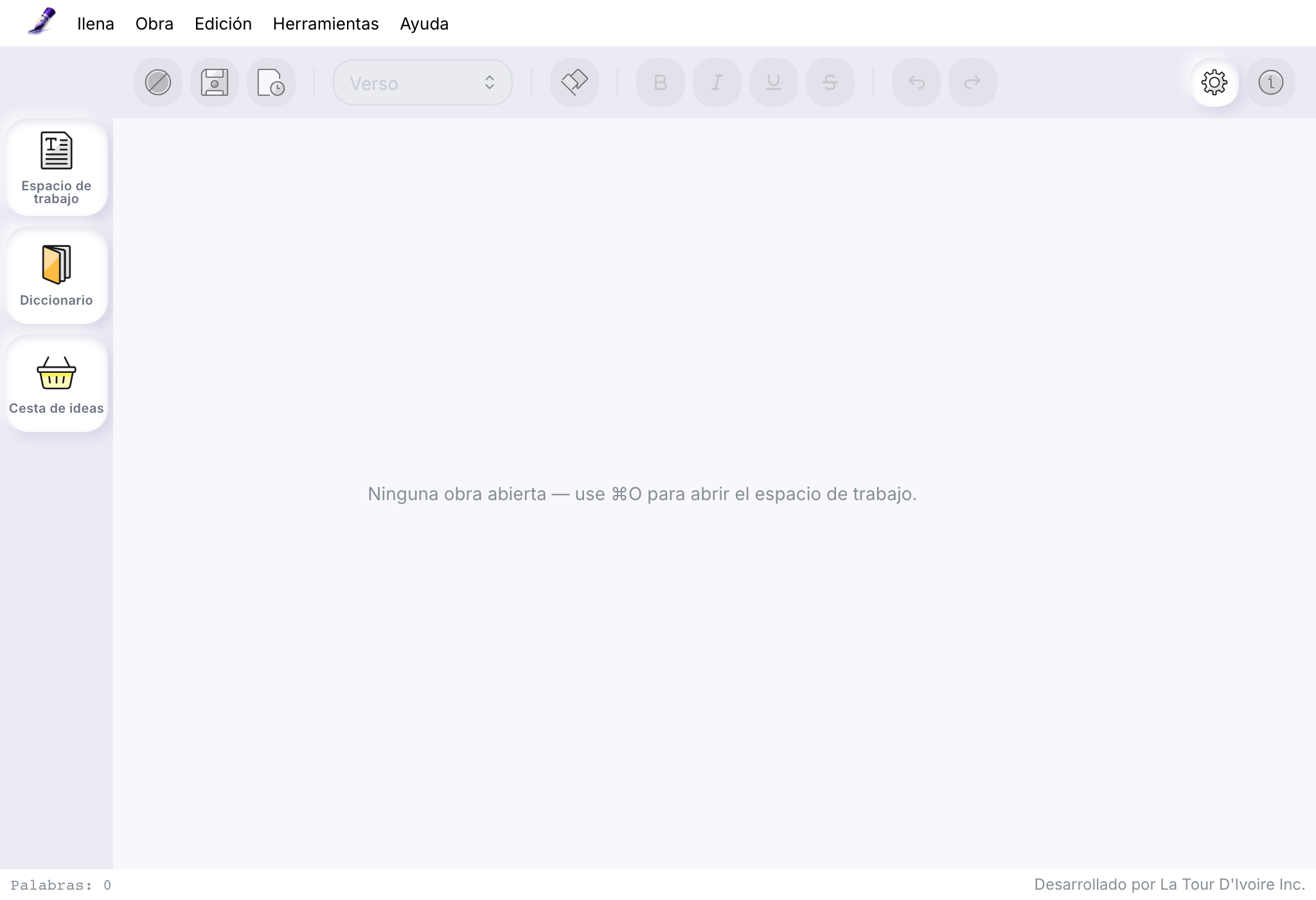El editor de Ilena sin ninguna obra abierta: la barra de menús y una barra de herramientas en gris arriba, los botones Espacio de trabajo, Diccionario y Cesta de ideas a la izquierda, y el mensaje «Ninguna obra abierta — use ⌘O para abrir el espacio de trabajo.»