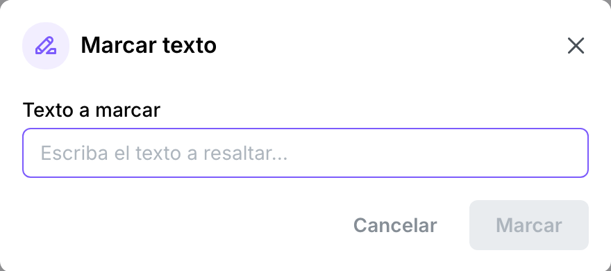 El cuadro Marcar texto, con un campo Texto a marcar vacío y los botones Cancelar y Marcar.