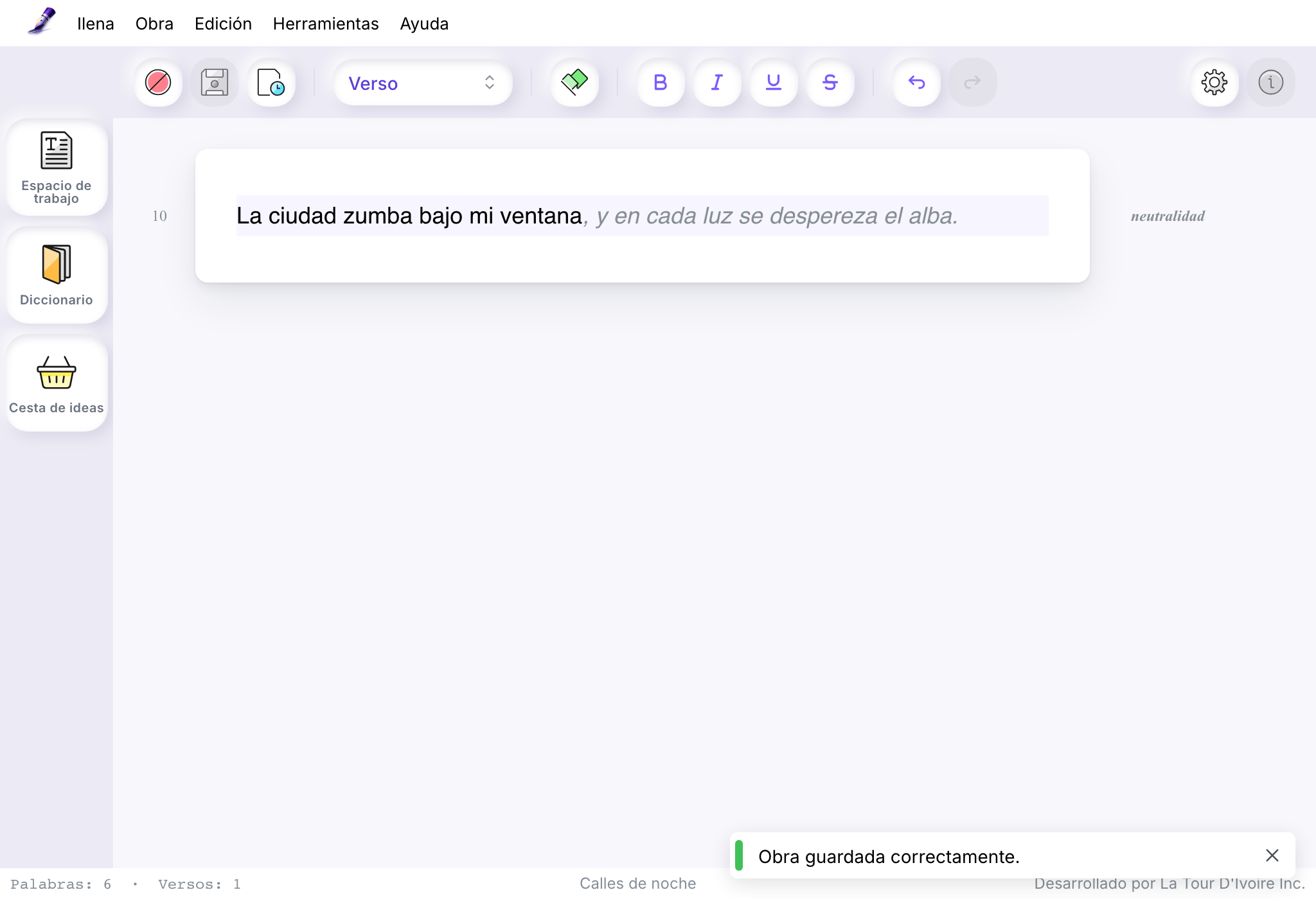 Una obra de un verso en el editor, y el mensaje «Obra guardada correctamente.» abajo a la derecha de la ventana.