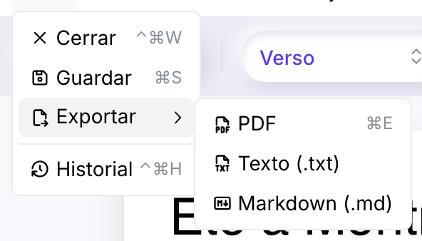 El menú Obra con Exportar desplegado en un submenú que ofrece PDF, Texto (.txt) y Markdown (.md)