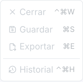 El menú Obra con Cerrar, Guardar, Exportar e Historial deshabilitados porque no hay ninguna obra abierta