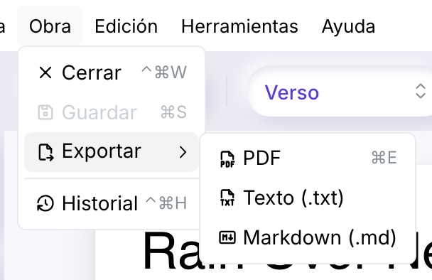 El menú Obra abierto en Exportar, con su submenú: PDF con el atajo ⌘E, Texto (.txt) y Markdown (.md).