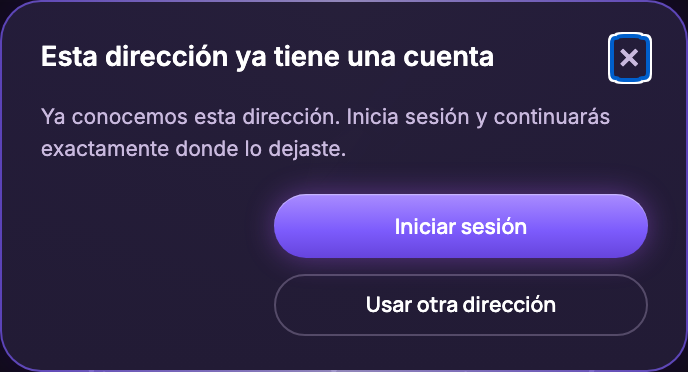 Una ventana indicando que esta dirección ya tiene una cuenta, con un botón Iniciar sesión y un botón Usar otra dirección