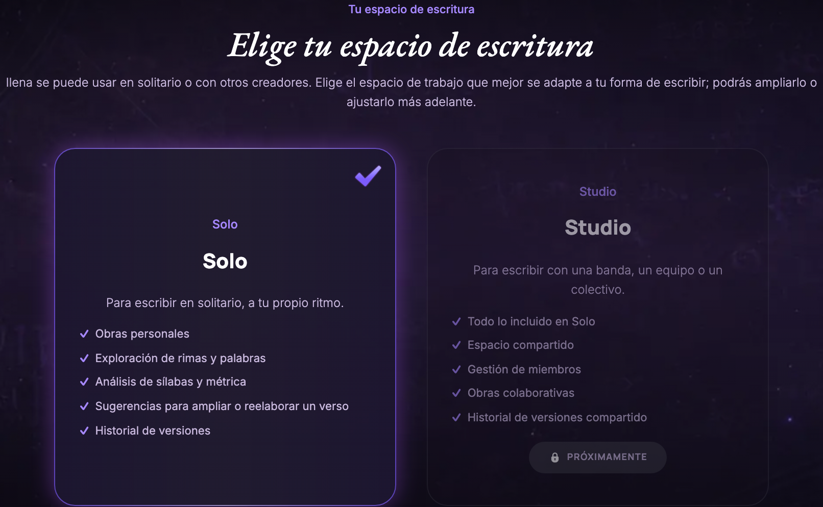 El paso de espacio de escritura del proceso de registro, mostrando la tarjeta Solo seleccionable y la tarjeta Studio deshabilitada marcada como Próximamente