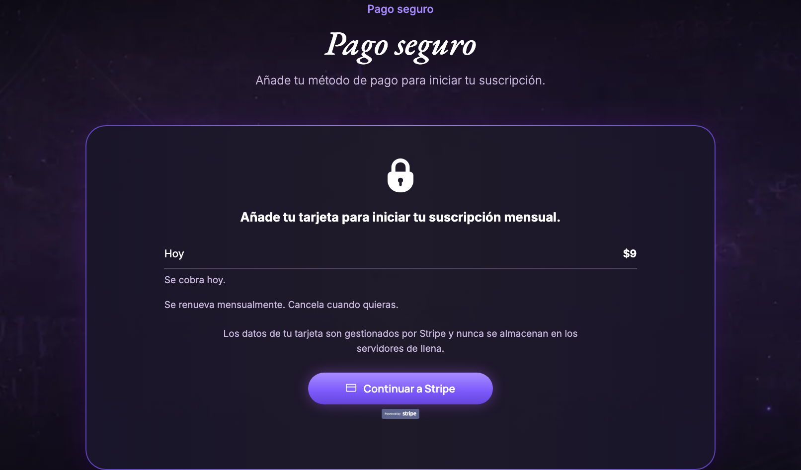 El paso de pago seguro, mostrando el cargo de hoy, lo que ocurre después de la prueba, y el botón Continuar a Stripe