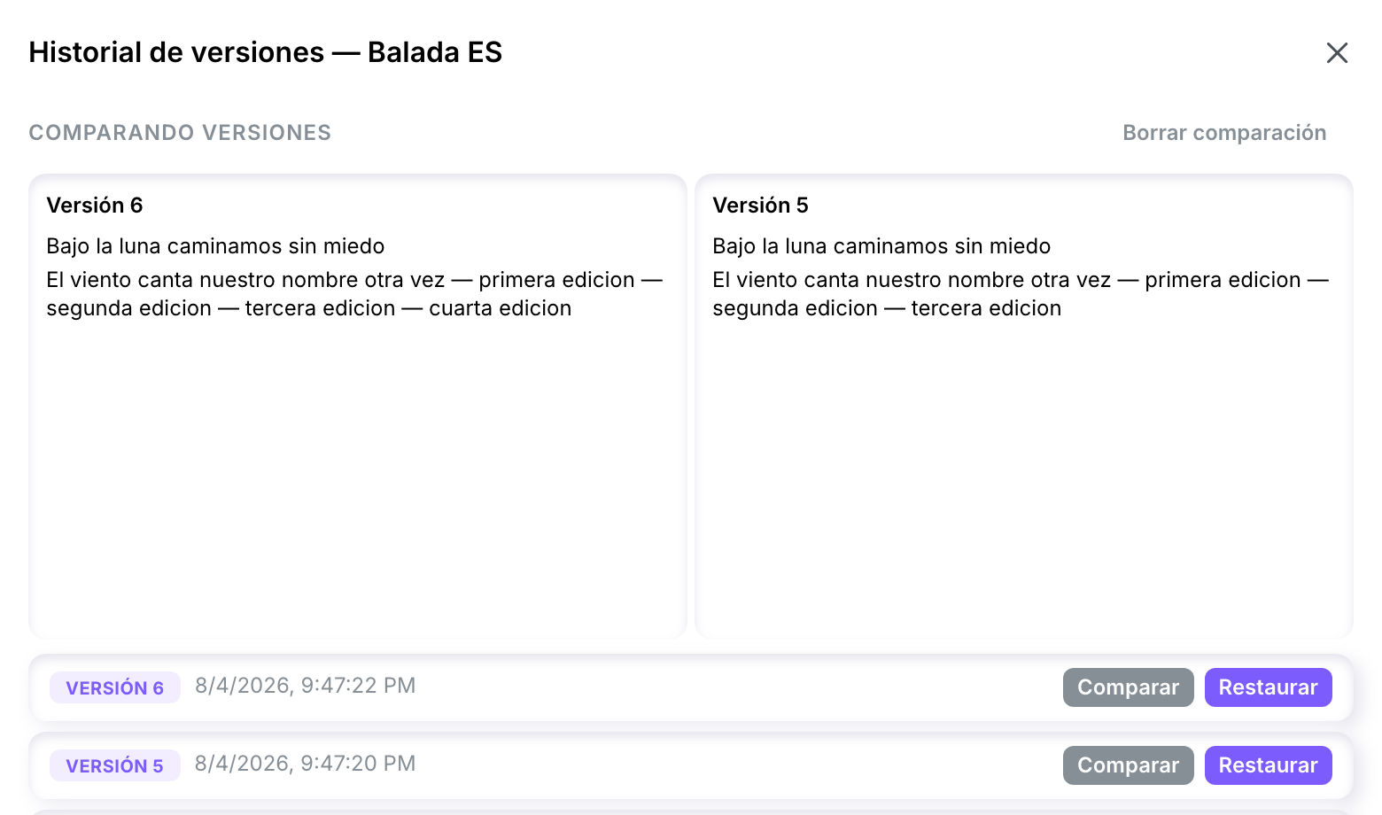 Dos versiones de una obra comparadas una junto a otra, con Borrar comparación encima
