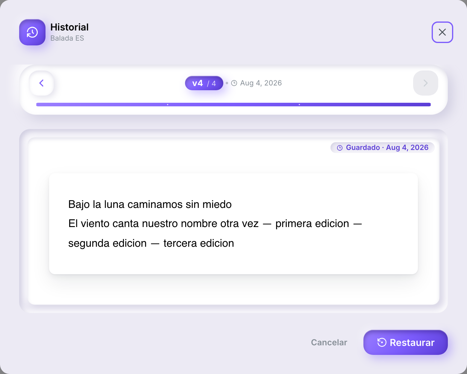 El cuadro de diálogo Historial mostrando la versión 4 de 4, su fecha de guardado, su contenido, y los botones Restaurar y Cancelar