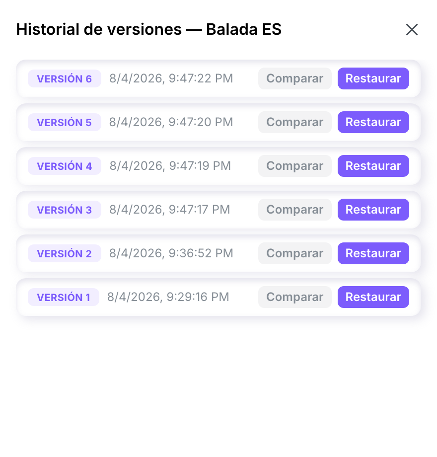 El panel de historial de versiones listando seis versiones de una obra, cada una con botones Comparar y Restaurar