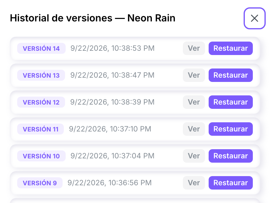 El panel Historial de versiones de una obra, que enumera sus versiones de la más reciente a la más antigua, cada una con su fecha y hora, un botón Ver y un botón Restaurar.