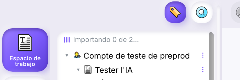 El árbol del espacio de trabajo con la línea «Importando 0 de 2…» encima, durante una importación.