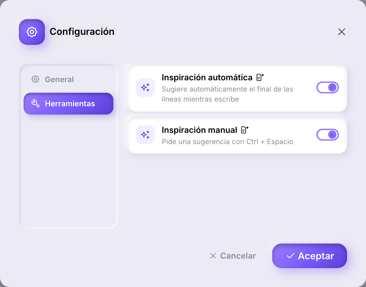 La pestaña Herramientas de Configuración, con los interruptores Inspiración automática e Inspiración manual activados.