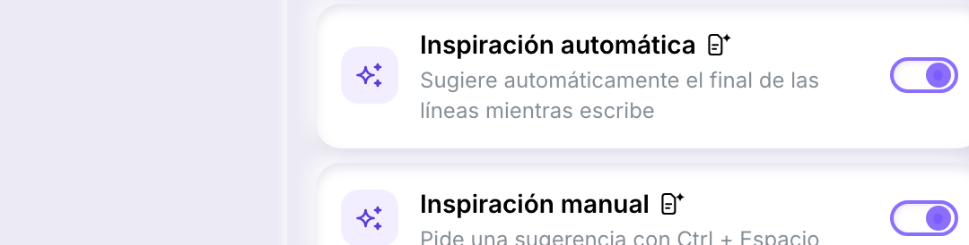 Los interruptores Inspiración automática e Inspiración manual en Configuración, cada uno marcado con una pequeña insignia de contenido generado