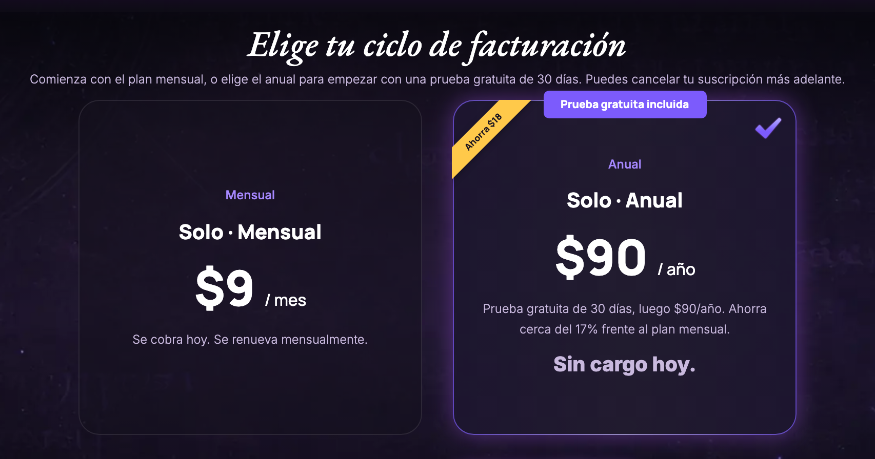 La pantalla Elige tu ciclo de facturación: Solo · Mensual a $9 / mes, y Solo · Anual a $90 / año con Prueba gratuita incluida, seleccionado.