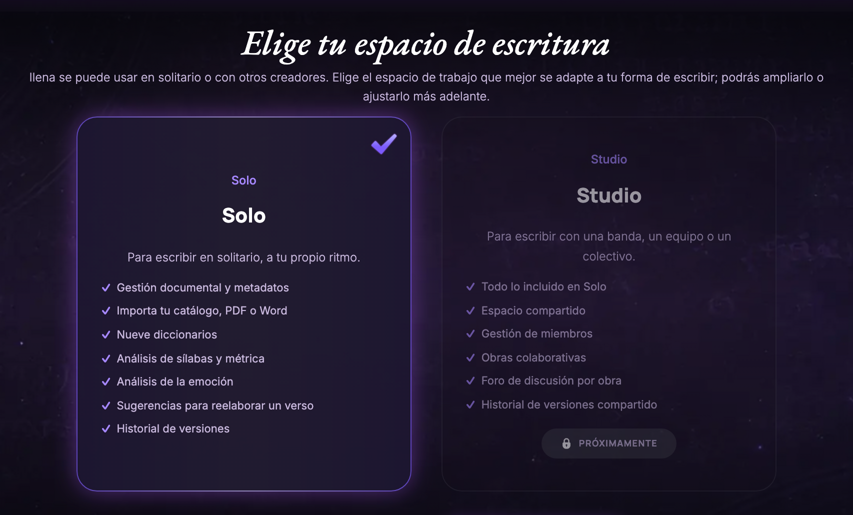 La pantalla Elige tu espacio de escritura: la tarjeta Solo seleccionada, y la tarjeta Studio en gris con Próximamente.