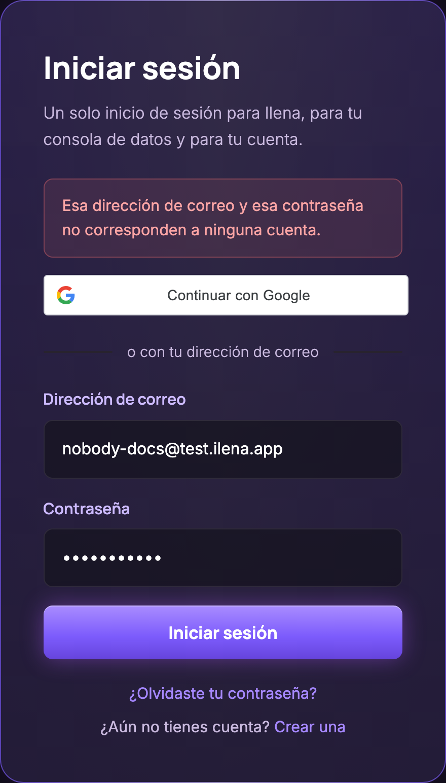 La página de inicio de sesión con el mensaje «Esa dirección de correo y esa contraseña no corresponden a ninguna cuenta.» sobre el formulario.