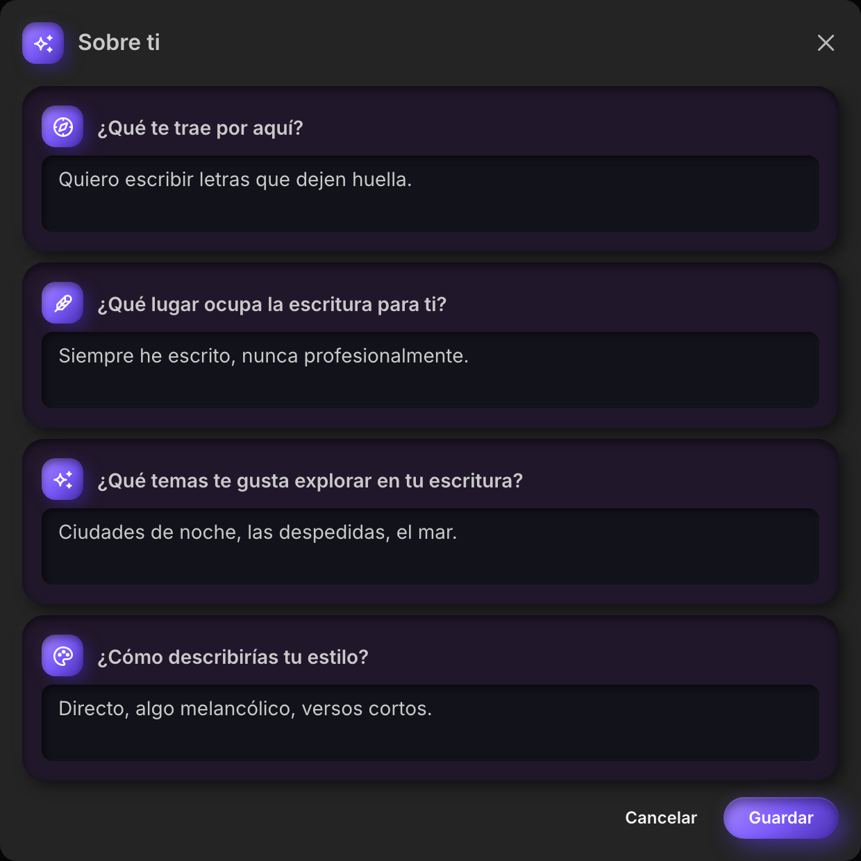 El cuadro de diálogo Sobre ti, cada una de las cuatro preguntas en su propia tarjeta con un icono: qué te trae aquí, qué lugar ocupa la escritura, temas favoritos y estilo personal