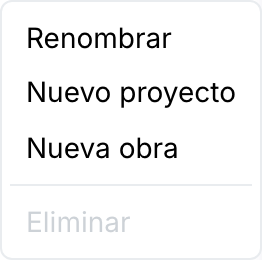 El menú contextual del nodo de autor: Renombrar, Nuevo proyecto, Nueva obra, y un Eliminar desactivado