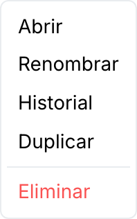 El menú contextual de una obra: Abrir, Renombrar, Historial, Duplicar, y Eliminar