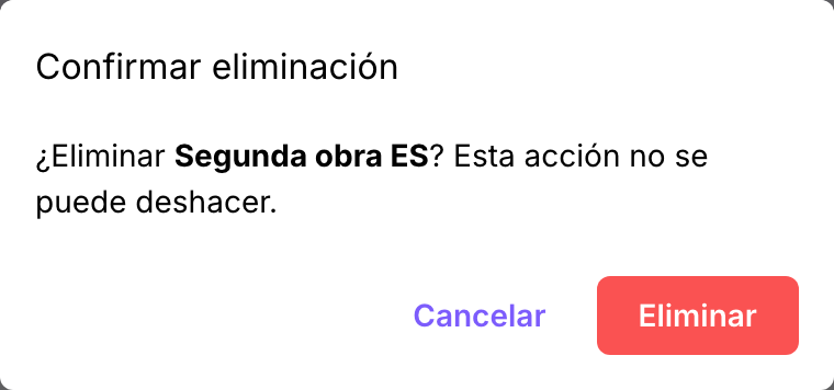 El cuadro de diálogo de confirmación de eliminación, nombrando la obra y advirtiendo que no se puede deshacer