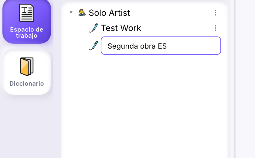 Una nueva fila de obra sin nombre, abierta para editar directamente en el árbol del espacio de trabajo