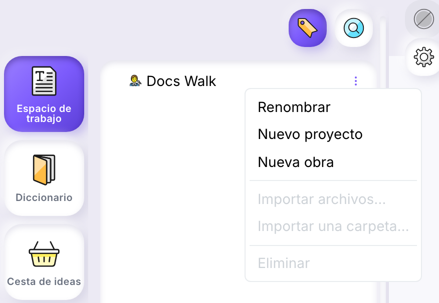 El espacio de trabajo abierto en el nodo de autor Docs Walk, con su menú contextual: Renombrar, Nuevo proyecto, Nueva obra, Importar archivos…, Importar una carpeta… y Eliminar.