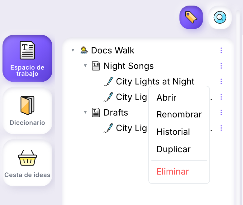 El árbol del espacio de trabajo: el nodo de autor Docs Walk, los proyectos Night Songs y Drafts con sus obras, y el menú de una obra, con Abrir, Renombrar, Historial, Duplicar y Eliminar.