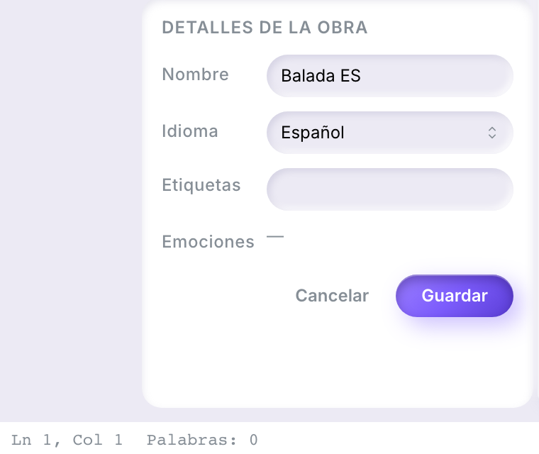 La tarjeta Detalles de la obra en modo edición, con los campos Nombre, Idioma y Etiquetas editables, y los botones Guardar y Cancelar