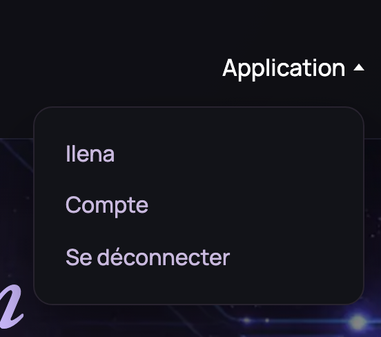 Le menu Application ouvert dans l’en-tête du site, avec Ilena, Compte et Se déconnecter.