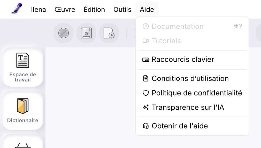 Le menu Aide de l’éditeur ouvert : Documentation et Tutoriels grisés, Raccourcis clavier, puis Conditions d’utilisation, Politique de confidentialité et Transparence sur l’IA, et Obtenir de l’aide.