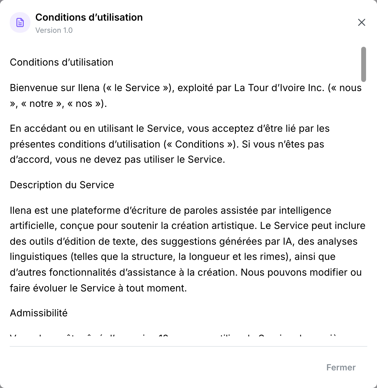 La fenêtre des Conditions d'utilisation, montrant le texte du document sous une étiquette Version 1.0