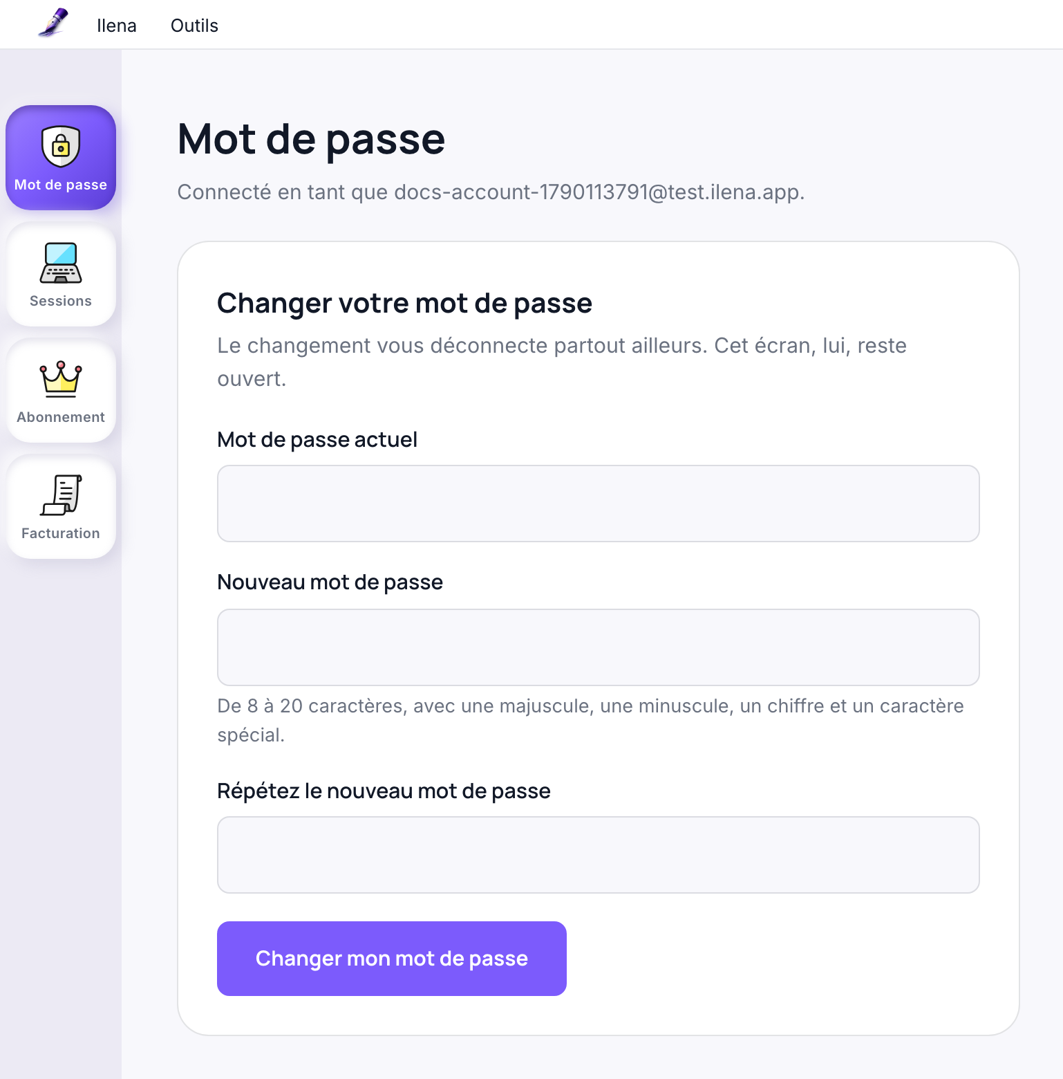 La page de compte sur sa section Mot de passe, avec les sections Mot de passe, Sessions, Abonnement et Facturation à gauche et les menus Ilena et Outils en haut.