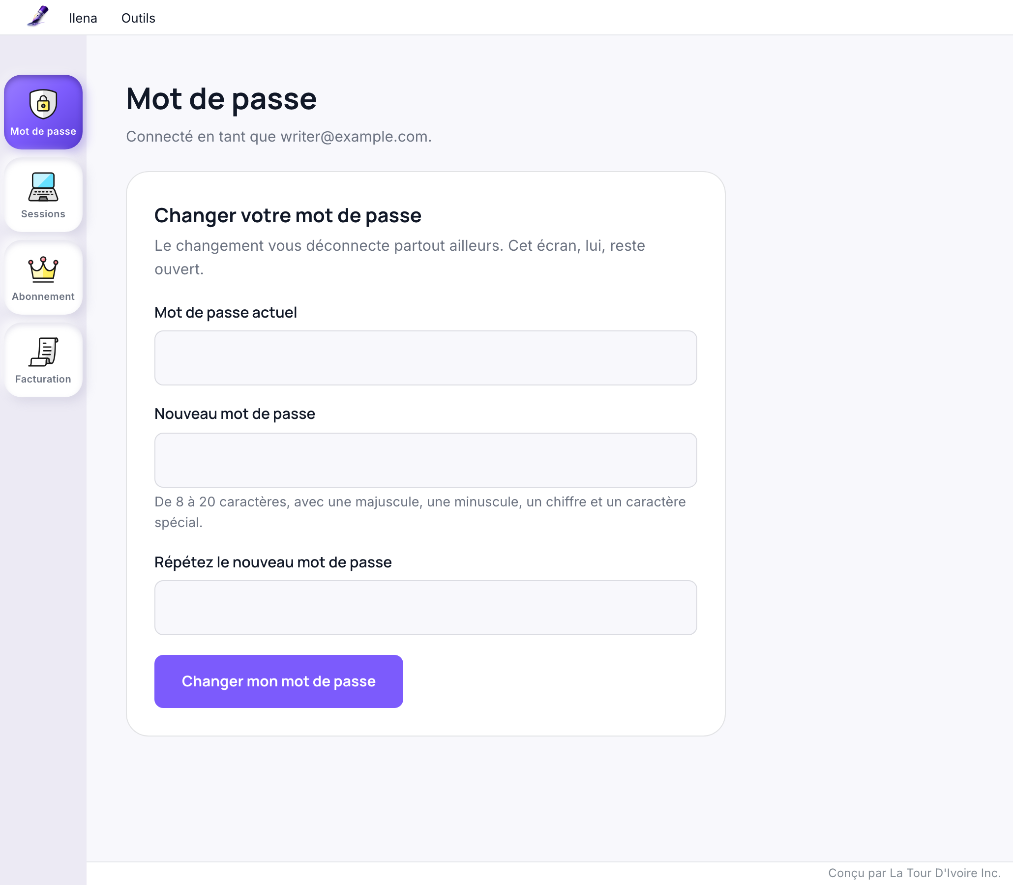 La section Mot de passe de la page de compte, avec les champs mot de passe actuel, nouveau mot de passe et sa répétition, la règle de longueur et de caractères sous le nouveau mot de passe, et un bouton Changer mon mot de passe