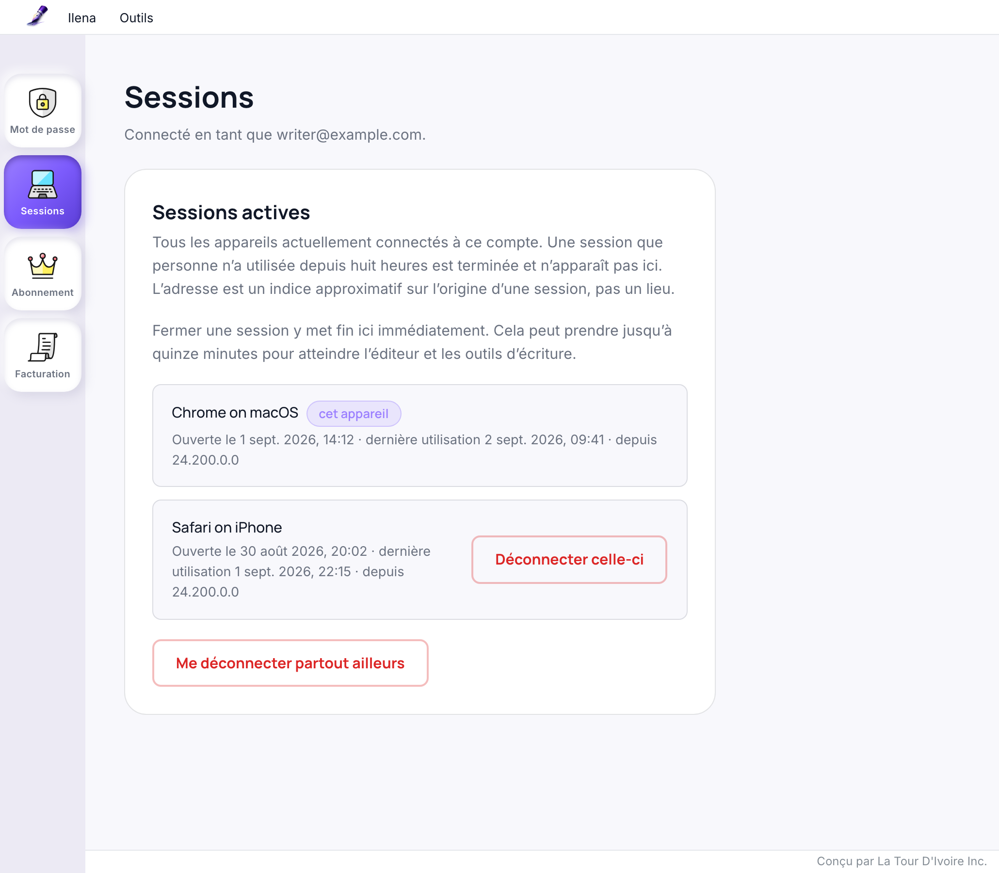 La section Sessions de la page de compte, listant chaque session connectée avec son appareil, sa date de début, sa dernière utilisation et une adresse approximative, la session actuelle étant marquée et un bouton Déconnecter celle-ci sur les autres