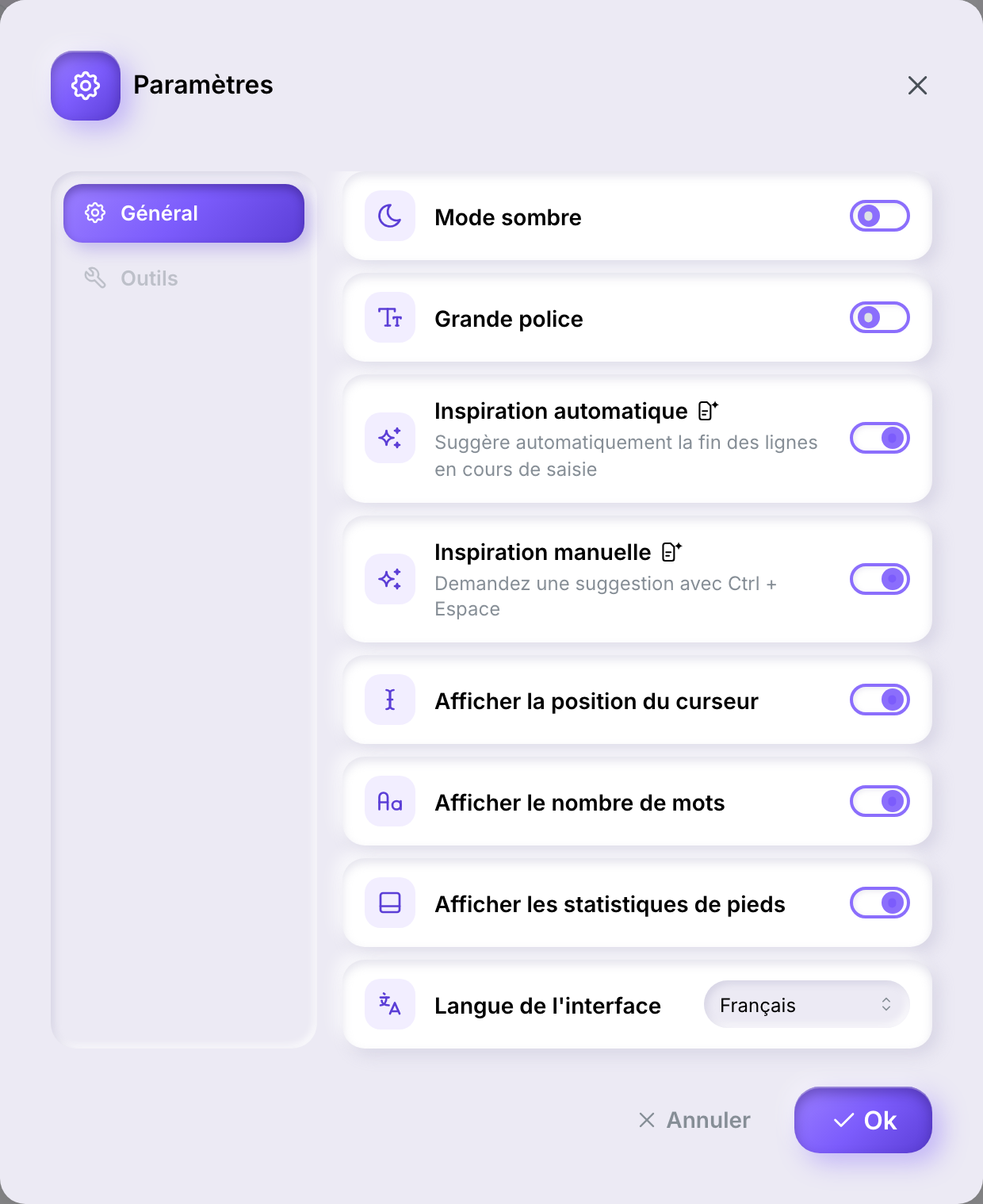 L'onglet Général de la boîte de dialogue Paramètres, listant le mode sombre, la grande police, l'inspiration automatique et manuelle avec un badge de contenu généré, les trois interrupteurs de la barre d'état, et le sélecteur de langue de l'interface