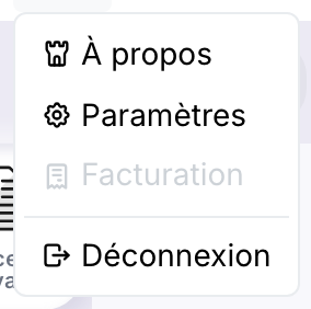 Le menu Ilena, avec À propos, Paramètres et Déconnexion activés, et Facturation affiché en grisé et désactivé