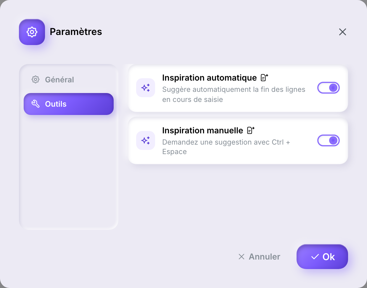 L'onglet Outils de la boîte de dialogue Paramètres, listant l'inspiration automatique et l'inspiration manuelle, chacune avec un badge de contenu généré