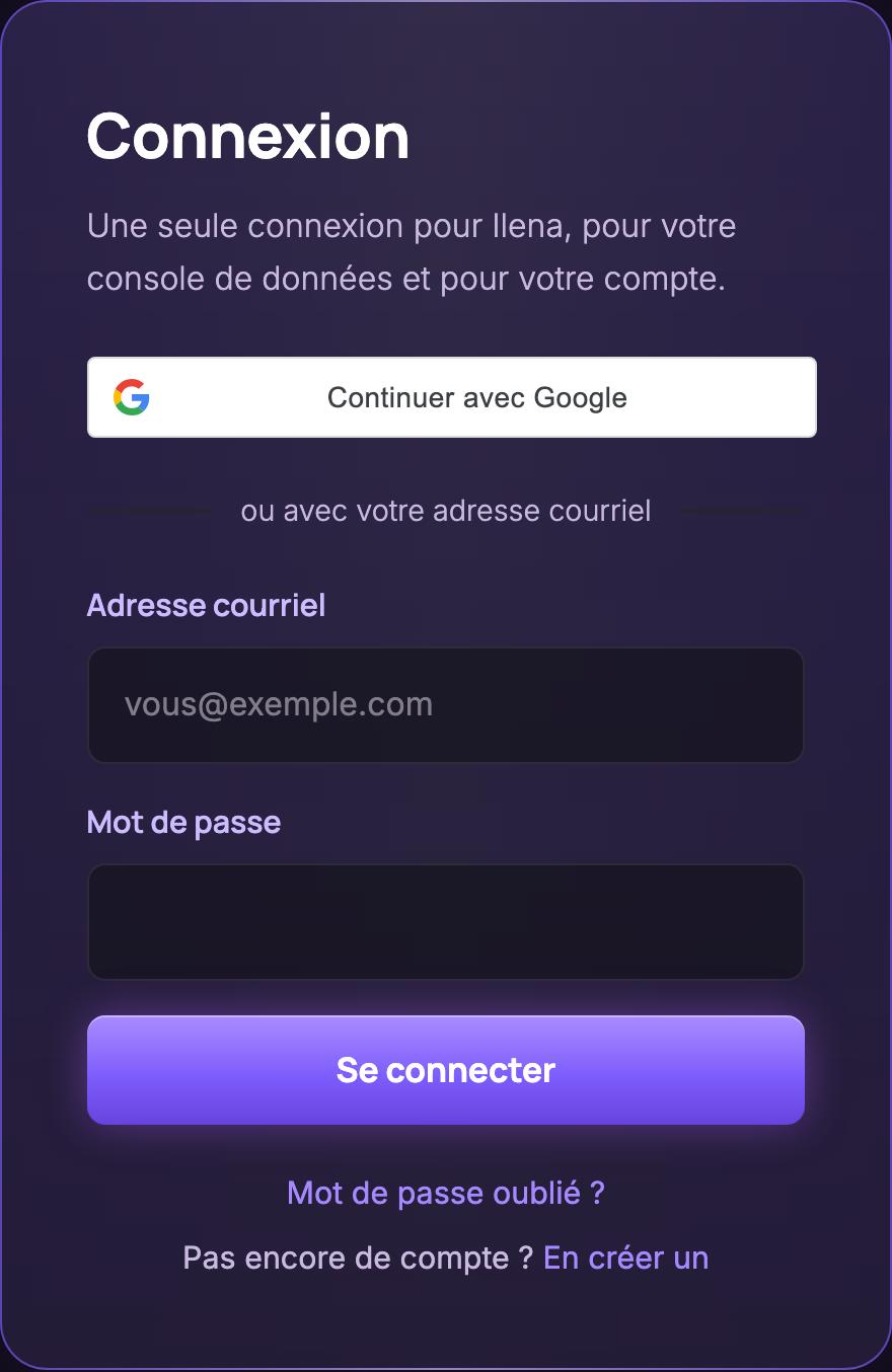 La page Connexion : Continuer avec Google, puis les champs Adresse courriel et Mot de passe, le bouton Se connecter et le lien Mot de passe oublié ?